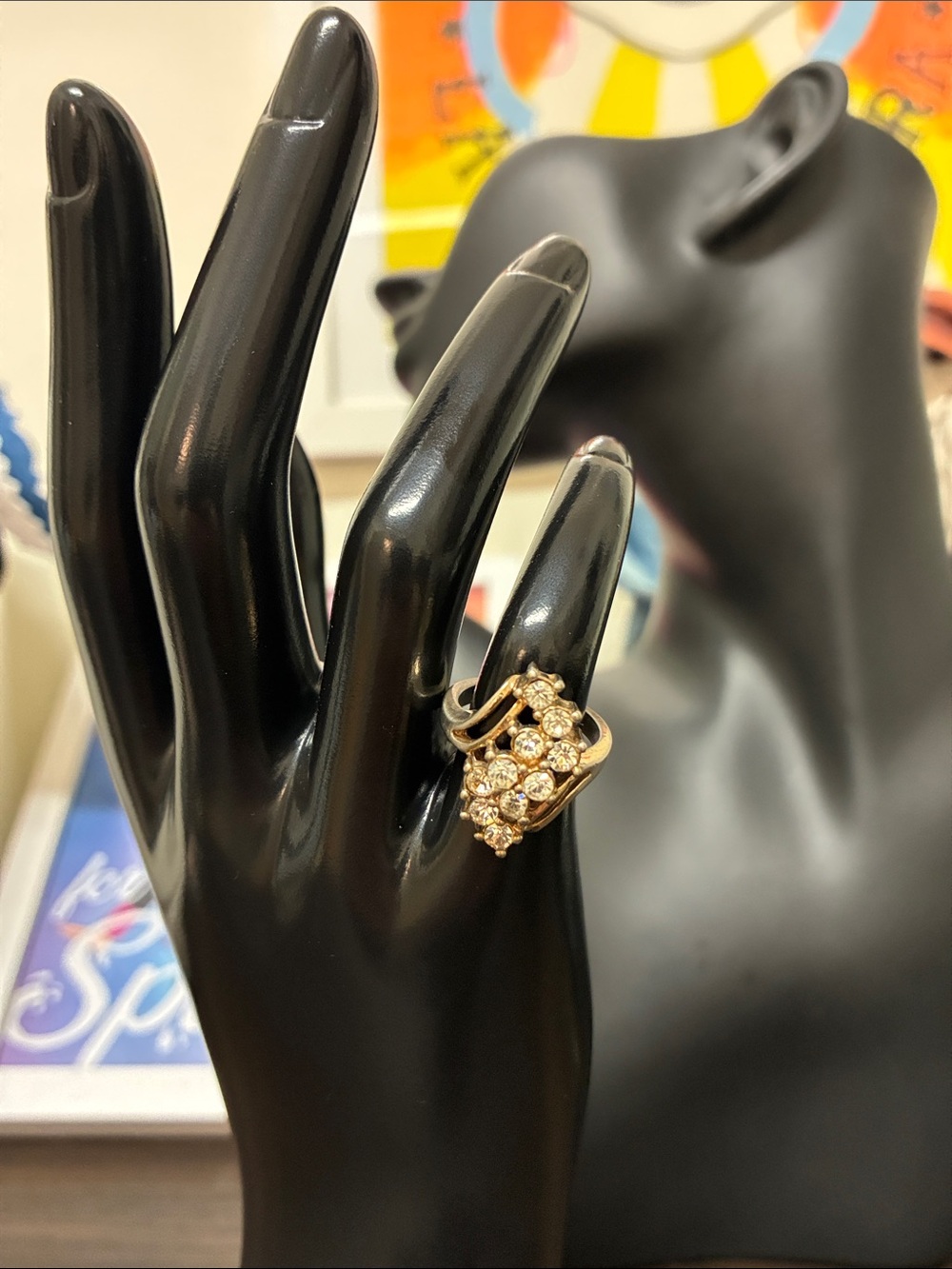1970s Mid Century Modern Gold-Tone Crystal Cluster Ring - Old Money Glam